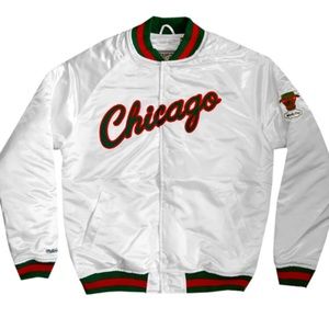 Chicago Bulls Satin Jacket in White, Red & Green